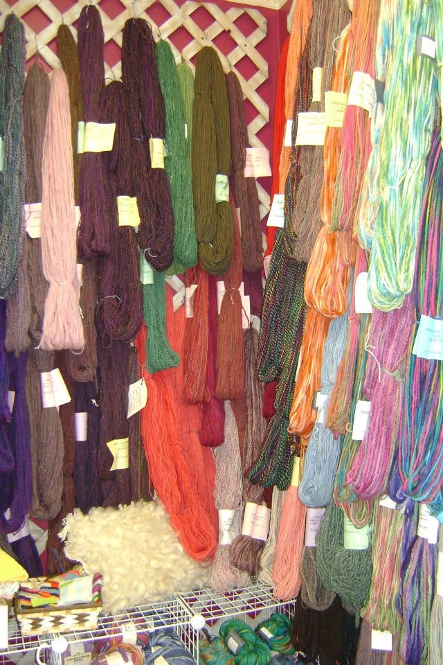 Hanging yarn skeins in green, purple, coral, pink, and multicolored shades