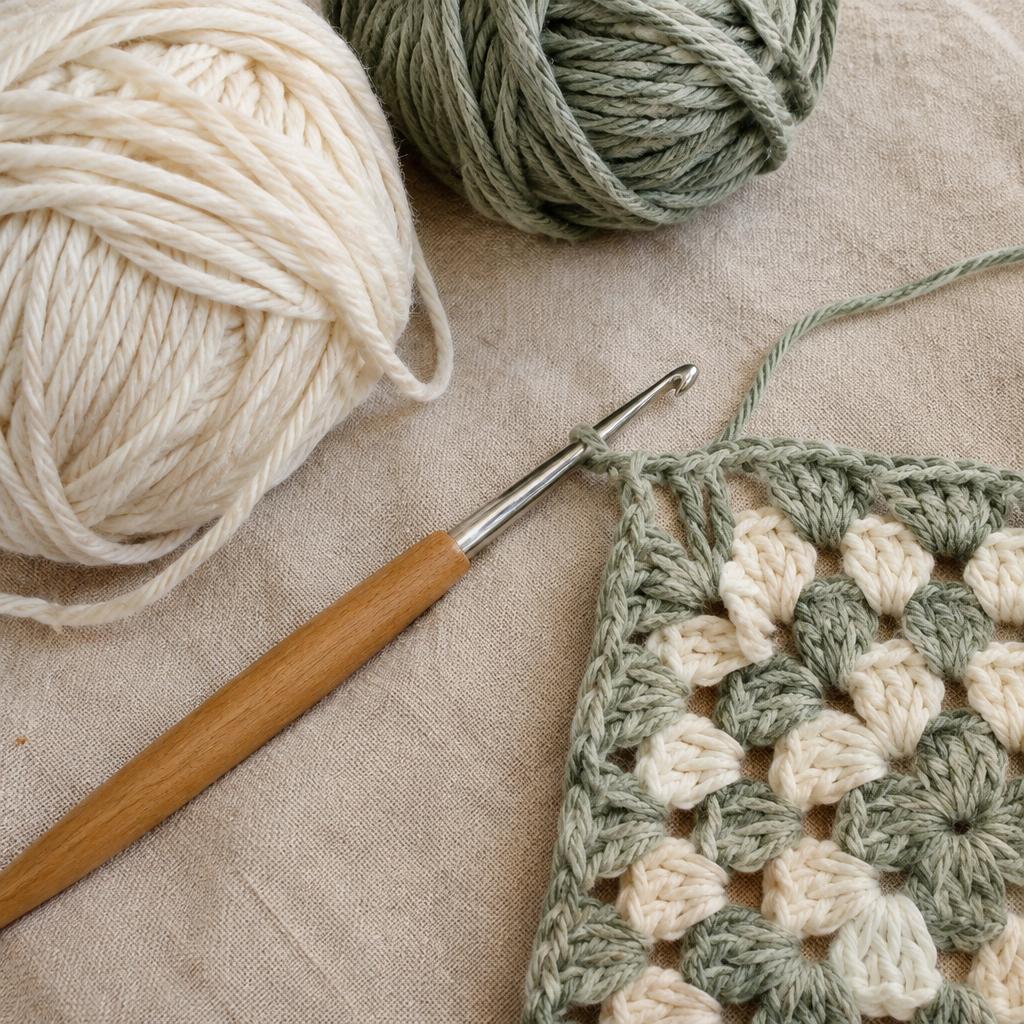 Wooden crochet hook resting beside a sage and cream granny square