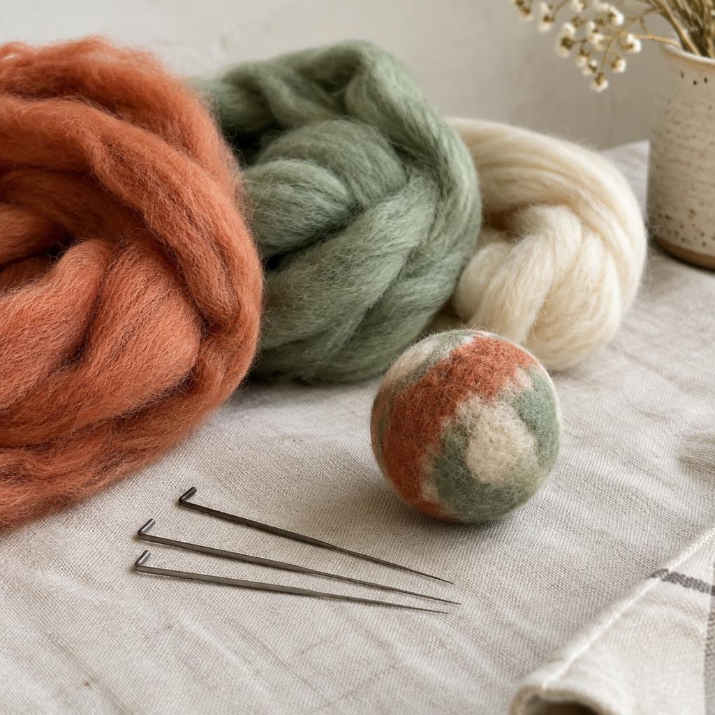 Terracotta, sage, and cream wool roving with felting needles and a felted ball