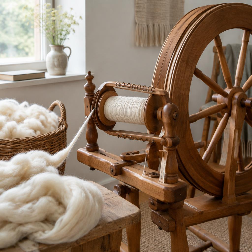Wooden spinning wheel with a bobbin of white handspun yarn and wool roving
